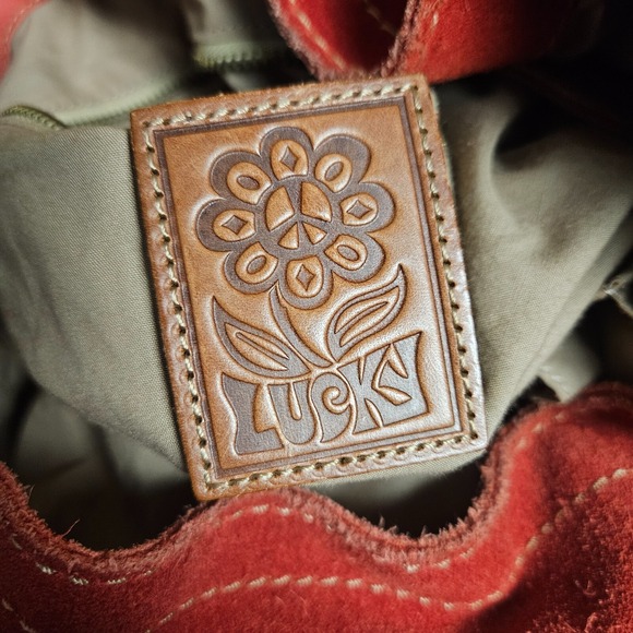 Lucky Brand Cinch Tie Backpack Bag Paisley Canvas Suede Leather 16 X 14 - Picture 3 of 9